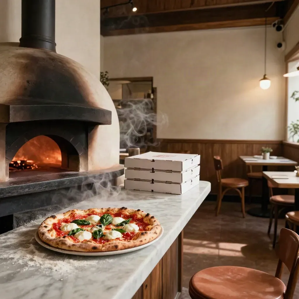 Interno di pizzeria con forno a legna, pizza margherita e tavoli in terracotta, luce drammatica.