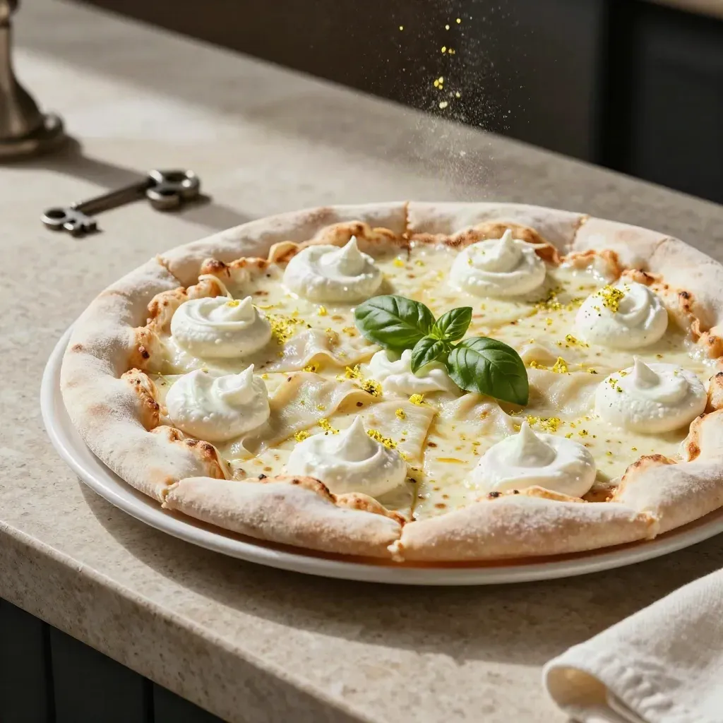 Pizza gourmet bianca con speck, stracciatella e zest di limone su piatto chiaro