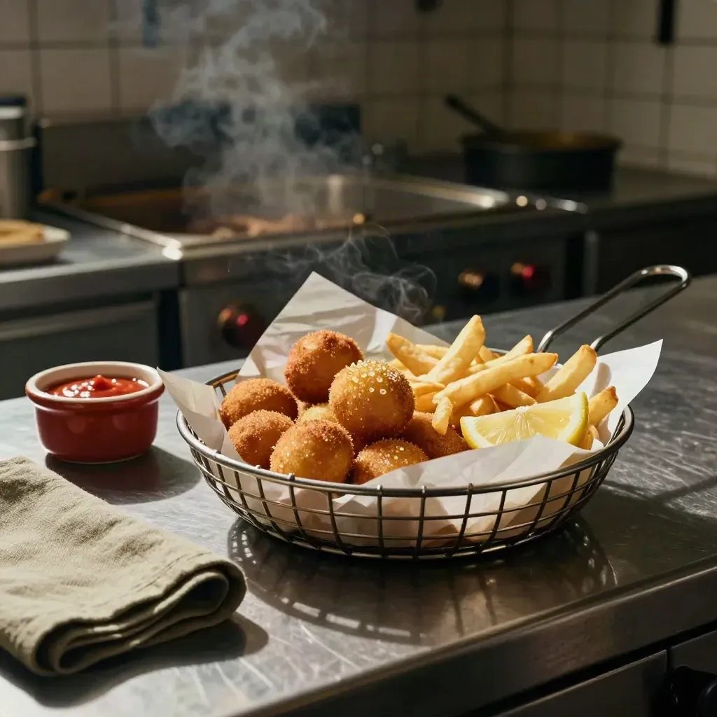 Cestino di fritti misti fumanti con crocchette, arancini, patatine e limone.