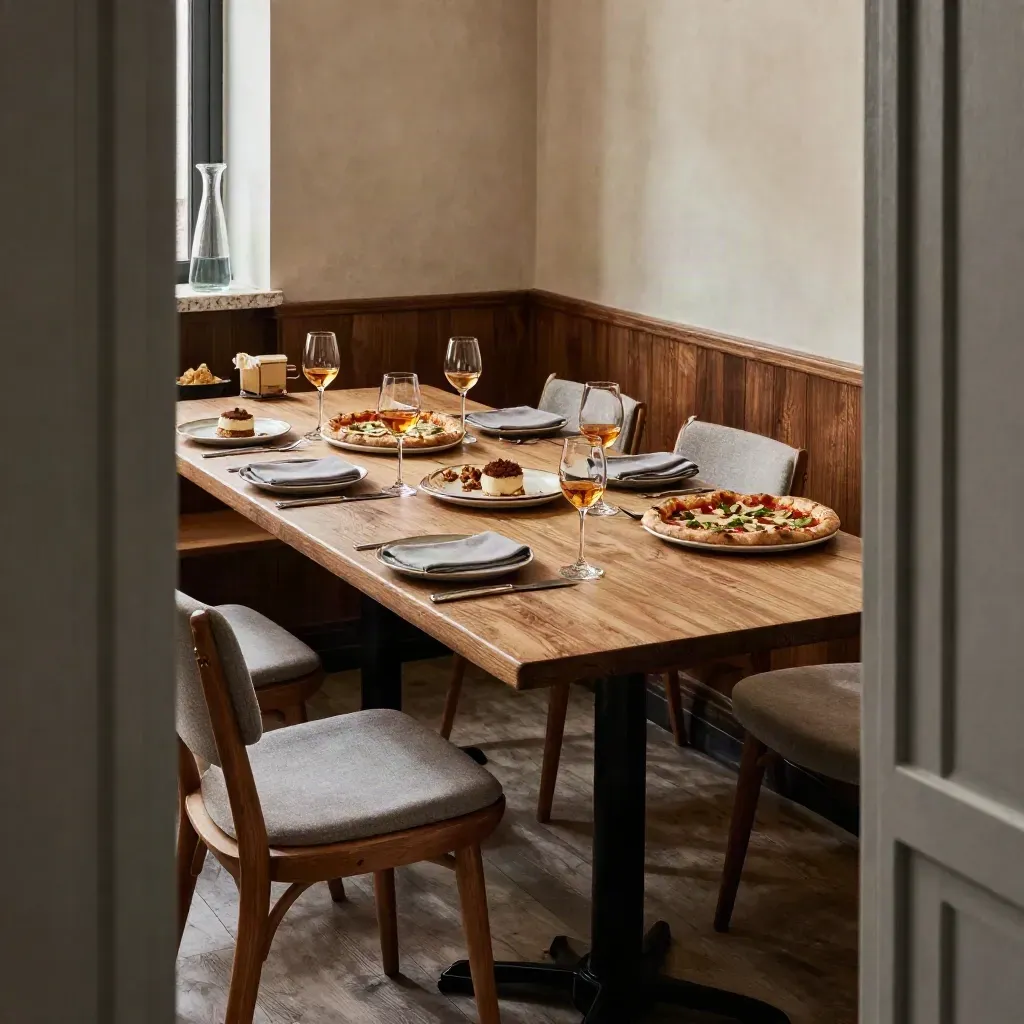 Tavolo per otto già apparecchiato con pizze, dolci e calici, in una sala calda e accogliente.