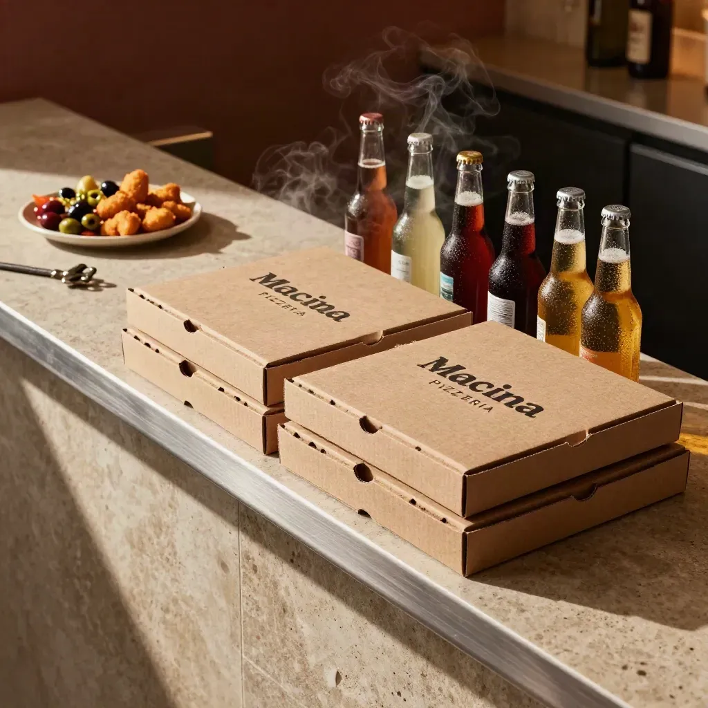 Banco ordini con sei scatole pizza, antipasti e bibite fredde pronte per la consegna
