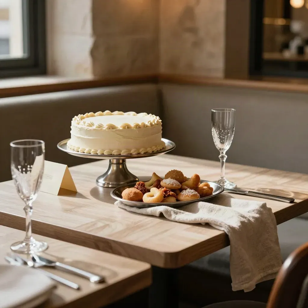 Angolo compleanno riservato con torta, fritti misti e calici scintillanti in luce calda