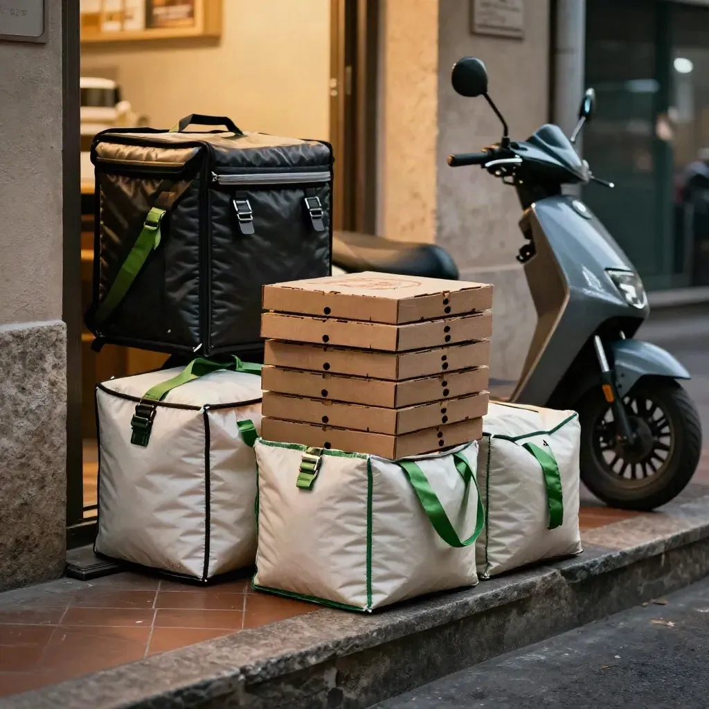 Scatole pizza sigillate, borse termiche e bauletto scooter accanto a una porta illuminata.