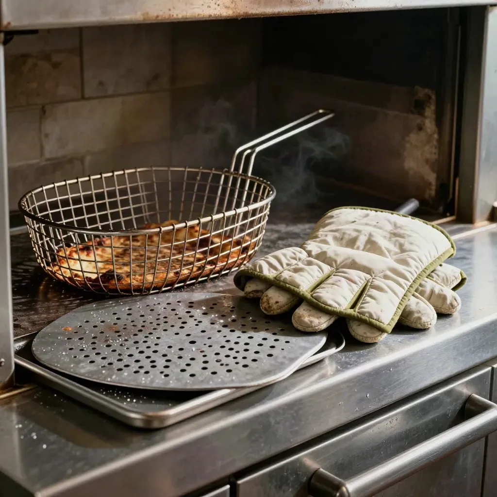 Cestello per friggere, pala forata, guanti termici e vassoio inox sul pass della pizzeria.