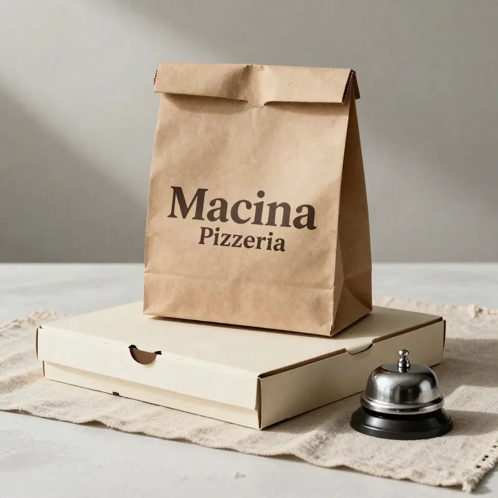 Sacchetto kraft, scatola pizza sigillata e campanello su runner di lino.
