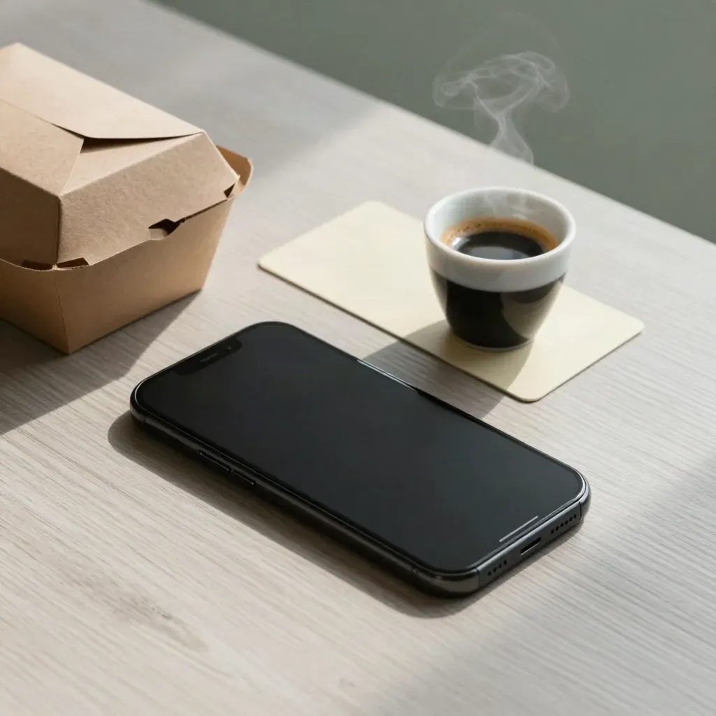 Smartphone con checkout, scatola d’asporto e tazzina di espresso su legno chiaro.
