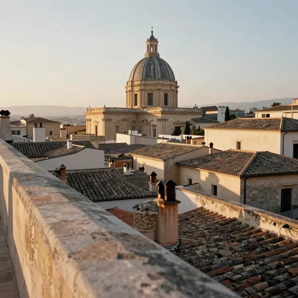 Tetti di Monti al tramonto con cupola e terrazze in travertino nella foschia