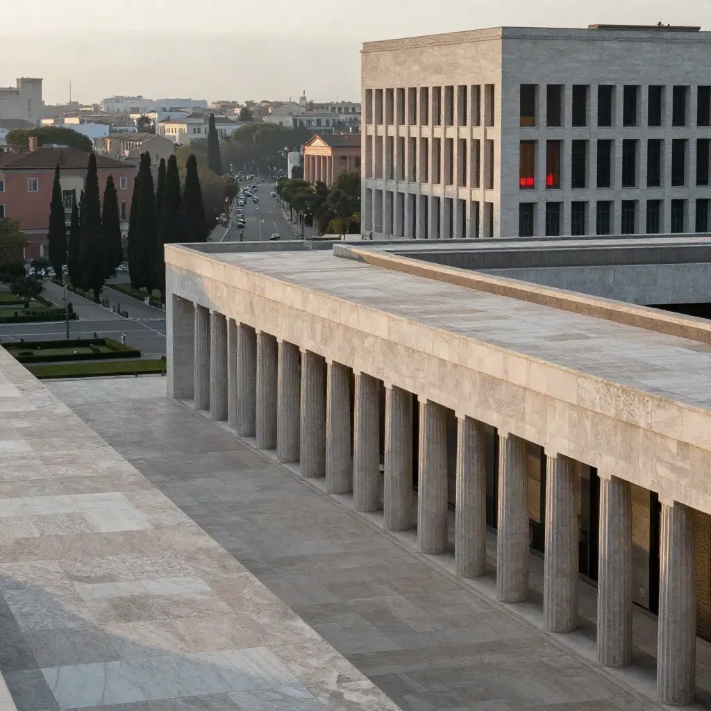 Veduta dell’EUR con architetture in travertino e viali tra i cipressi nella luce del tardo pomeriggio